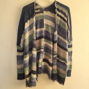 Peruvian Connection Women’s Blue Striped Open Front Cardigan Sz M/L Pima Cotton